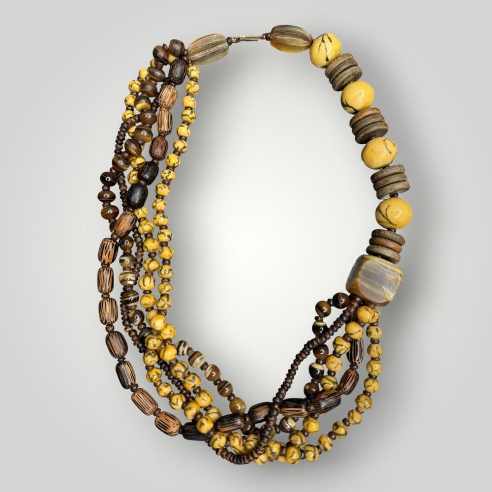 Vintage Tiger Coral Horn Palm Wood Multi Strand Statement Necklace Boho Tribal